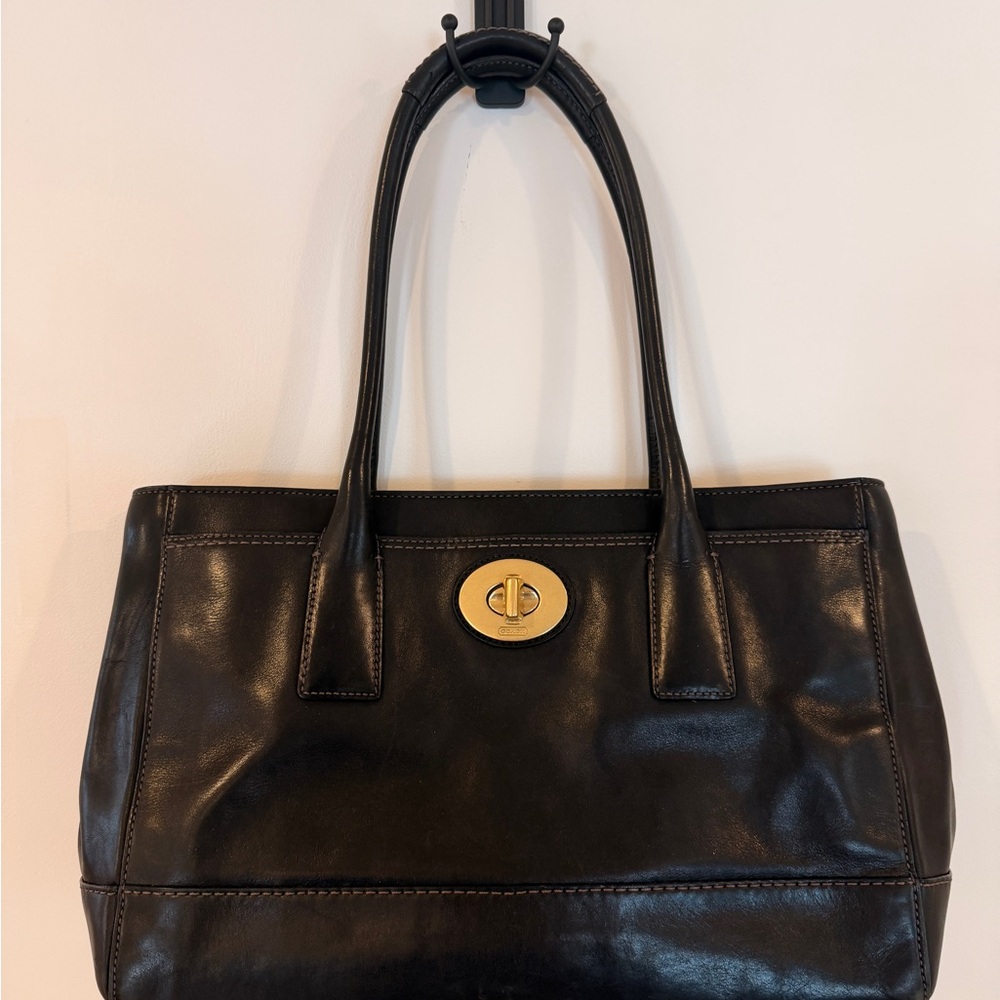 Coach Madeline Black Leather Tote with Gold Turn-Lock